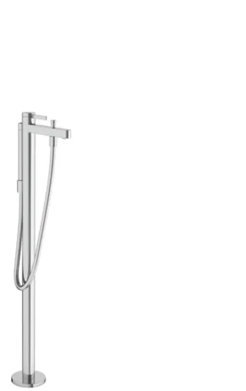 Bodenstehender Wannenmischer aus Chrom von Hansgrohe mit einer hohen, schlanken Form und einem flexiblen Schlauch.